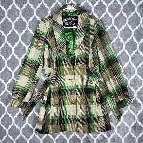 Me Jane Peacoat Jacket Womens Medium Belted Double Breasted Wool Blend Plaid - Picture 10 of 12